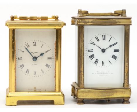 ACCTIM BRASS MANTEL CLOCK WITH BATTERY MOVEMENT AND BAYARD, FRENCH MODERN 8  DAY BRASS AND GLASS CARR