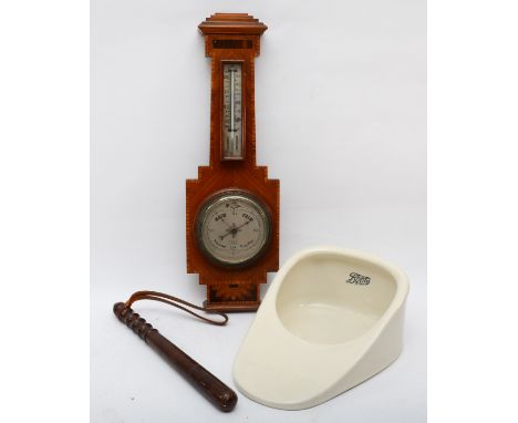 An Art Deco walnut cased Ben Franks of Hull hanging barometer, 57cm long, together with Boots pottery bedpan and a turned mah