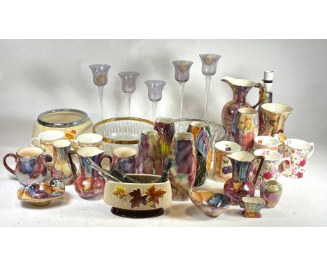 A group of Old Court ware ceramics to include vases, lamp base and glass fruit bowls. 