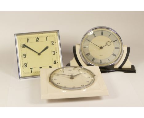 An Art Deco Smiths black and white and chrome plated mantle clock, 17.5cm high together with a 20th century square chrome pla