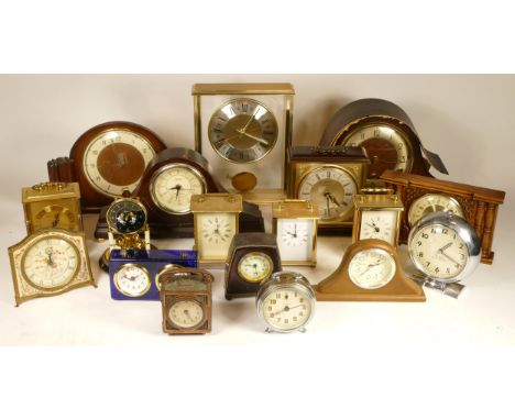 A collection of mid 20th century and later mantel clocks, having manual and quartz movements, in two boxes. (2) 