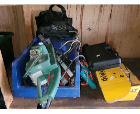 A DEWALT DW818-GB angle grinder, a Parkside belt sander, PEBS 900, and others. 