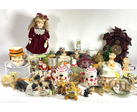 Two boxes of decorative items to include Sadler pottery sauce bowls, a 20th century porcelain headed collectors doll on stand