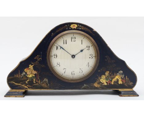 A 1930s Swiss lacquered cloisonne cased drumhead mantle clock, 25cm wide.