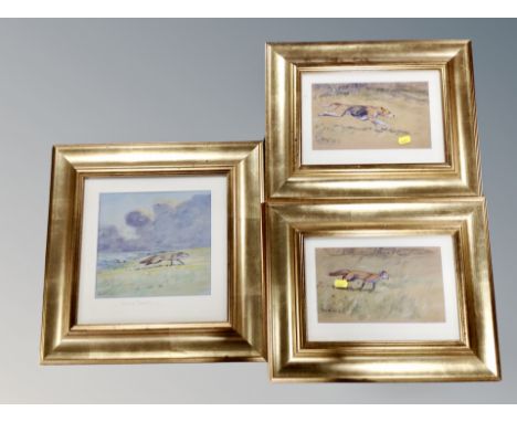 Two watercolours and a print after David Croft all depicting fox hunting scenes 