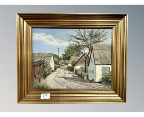 R. Breienholv : thatched buildings on a lane, oil on board, 34 cm x 26 cm 