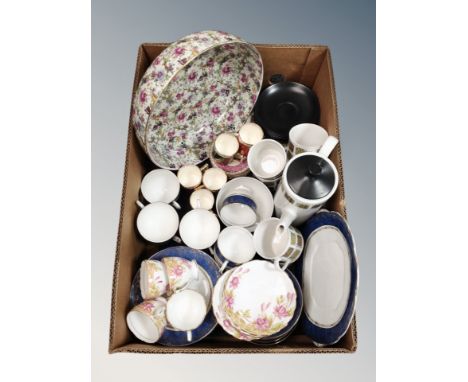 A box of Salisbury blue and white china, Old Foley coffee set, Myott tea set, pottery bowl 