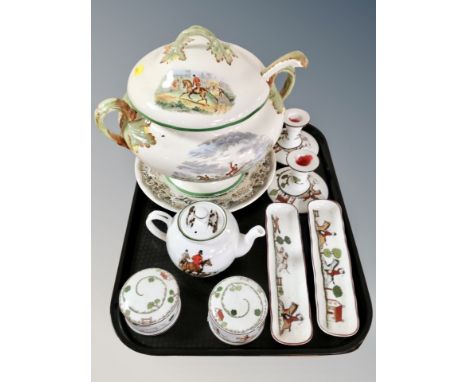 A group of Crown Staffordshire china decorated with hunting scenes, lidded tureen, pair of Coalport pill boxes etc 