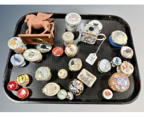 A collection of enamelled pots, Crummles, Staffordshire enamels, Halcyon Days, Franklin Mint horse etc
