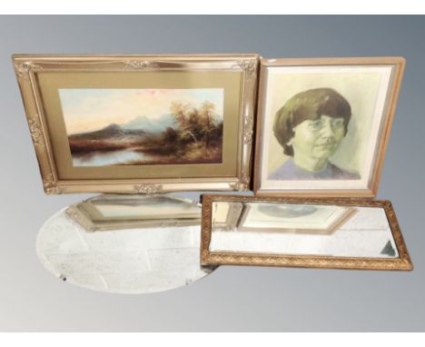A gilt framed mirror, oval mirror, oil on canvas portrait and a further landscape 