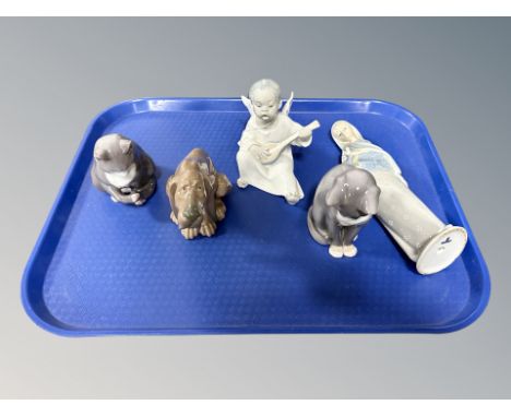 Five ceramic figures including - Lladro lady holding flowers, B & G cat, B & G kitten, Lladro hound and Lladro winged figure 