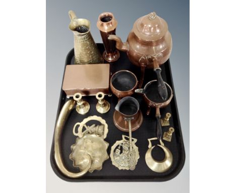 A hammered copper coffee pot together with further copper wares, trinket box, brass shoe horn, miniature candlesticks, horse 