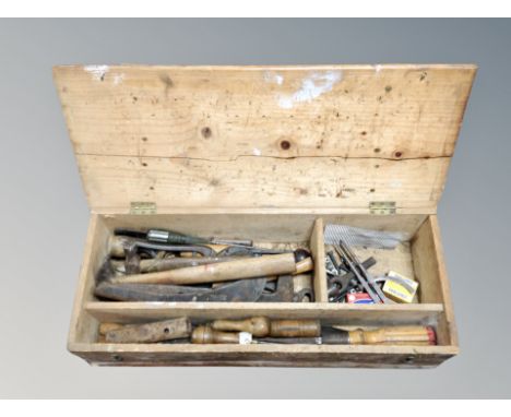 A pine tool box and contents including vintage hand tools 