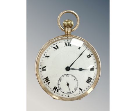 A 9ct gold open faced pocket watch, enamel dial with subsidiary seconds, gold-plated crown, gold outer and inner dust covers,