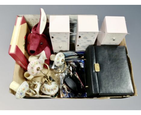 A box of contemporary leather jewellery box, two ceramic twin branch light fittings, costume jewellery, contemporary storage 