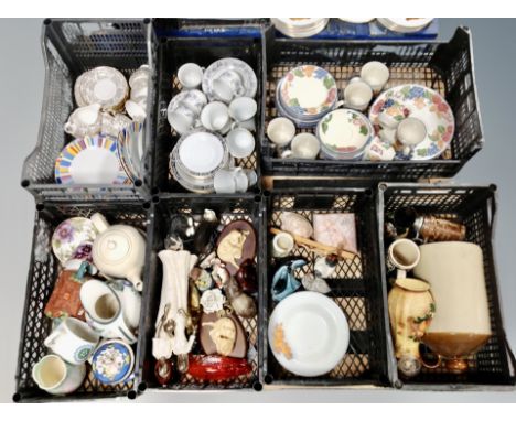 A pallet of seven crates of assorted ceramics, figures, tea china, stoneware vase etc 