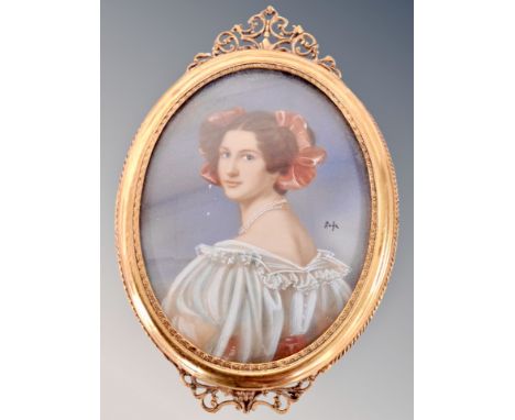 After Joseph Karl Stieler (1781-1858) Portrait miniature of Auguste Strobel, 9cm by 7cm, in gilt frame