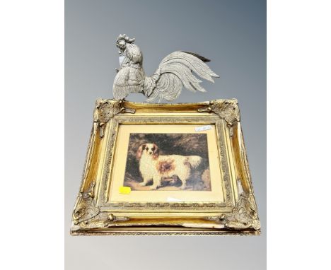 A twentieth century Continental metal cockerel ornament, height 22cm, together with a gilt-framed colour print depicting a do