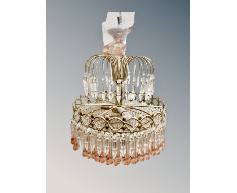 A continental gilt metal and two tone crystal pendant light fitting, wired for electricity, overall 63 cm high x 42 cm diamet