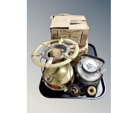 A Heathware brass paraffin lamp together with a Sirram kettle in original boxes 