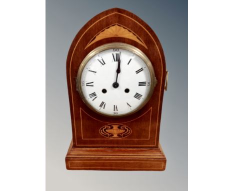 An Edwardian inlaid mahogany arched-topped eight day mantel clock, height 45 cm 