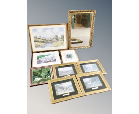 A group of gilt framed pictures and a mirror, set of four fox hunting prints after Hayward Hardy