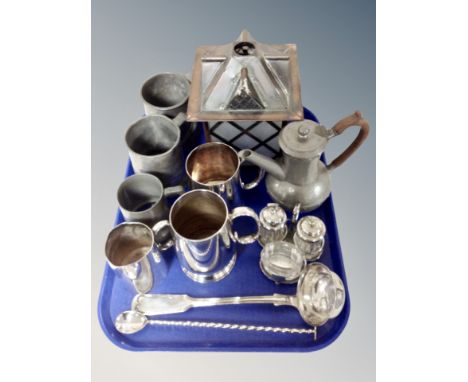 A metal lantern, hammered pewter teapot, pewter tankards, silver plated tankard, ladle, cruet etc 