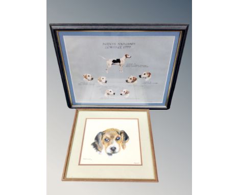 Two framed prints depicting Morpeth Fox Hounds, together with a framed portrait of a dog signed Beckett 