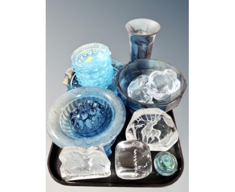 A tray of glass paperweights, Caithness, pressed blue glass bowls etc 