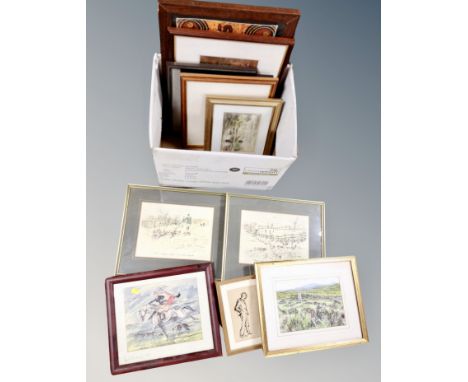 A box of pictures and prints including fox hunting scene, Archibald Thorburn print etc 
