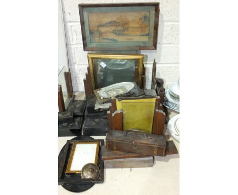A Japanese cork picture in box frame, 22 x 38cm, various oak and glass photo frames, a Huntley &amp; Palmer biscuit tin in th