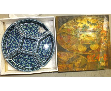 An oriental ceramic set of hors d'oeuvres dishes set on plastic revolving tray, 38cm, in original box.