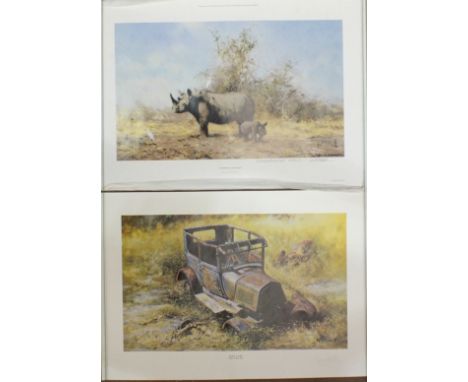 A David Shepherd print, The Rhino's Last Stand?, signed in pencil and inscribed in the mount, a Barry Waldings coloured print