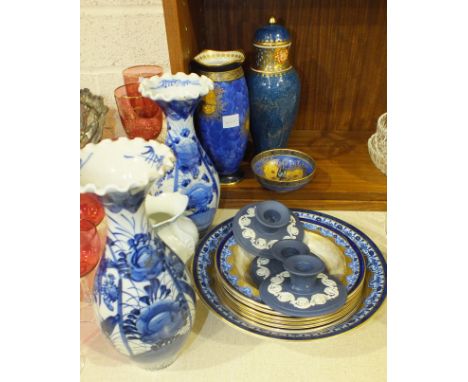 Two Chinese baluster blue and white ceramic vases, three Wedgwood jasperware candle holders and other ceramics.