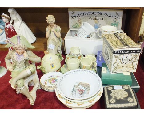 A boxed Wedgwood Peter Rabbit nursery set, a dolls part tea service and other ceramics.