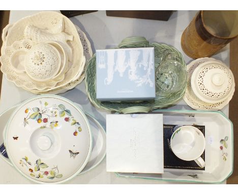 A Royal Worcester Strawberry Fair dish and cover and two bowls, a small collection of modern Leedsware cream ware and other c
