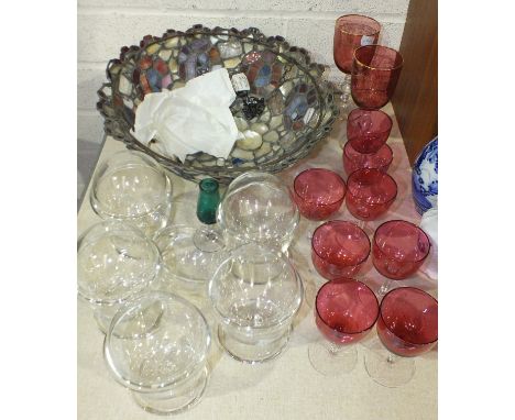 Eight cranberry port glasses, a mosaic glass and mother of pearl lamp shade (damaged), 30cm and other glassware.