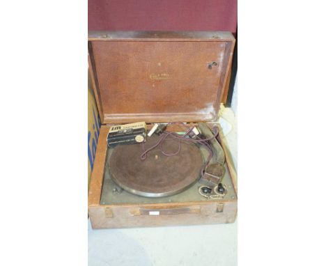A brass Benares tray on stand, 58.5cm diameter, a portable Collard Microgram record player, a foot stool and other items.