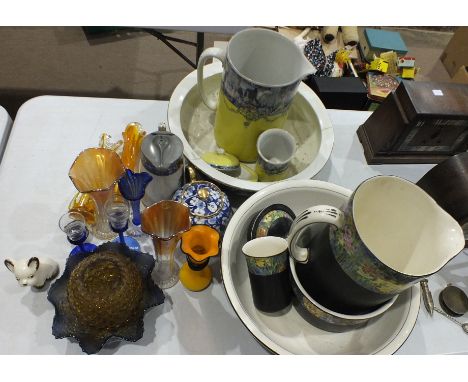 A Wilkinson Ltd black and floral jug and basin set, a blue moulded carnival glass dish, other glassware and miscellanea.