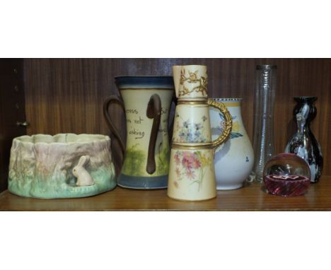 A Royal Worcester floral blush jug of conical shape, shape 1047, 20cm high, a Caithness luckenbooth paperweight and other cer