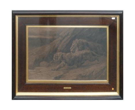 Herbert Dicksee etching RAIDERS signed proof on vellum: Lioness in coiled spring position with lion behind. Measuring 39cm x 