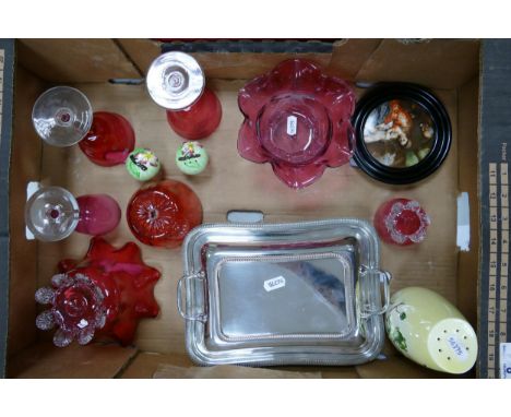 A collection of Victorian Cranberry glass items together with Silver plated tureen &amp; cover and Carltonware cruet.