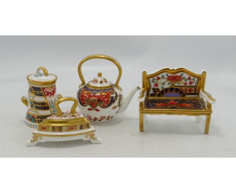 Royal Crown Derby miniature ornaments including garden bench, milk pail, large kettle and iron. Tallest 8cm 