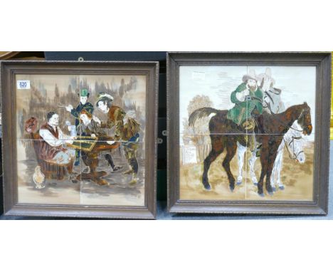 Two oak framed tile panels, one with 2 figures riding horses and the other character playing a game, overall 46 x 46cm. (2) 