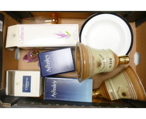 A mixed collection of items to include, boxed Caithness Glass ware, Boxed Aynsley ornaments, Bells pottery Whisky decanters e