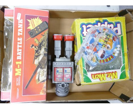 A Collection of Vintage toys to include: Mr Men Puppet, Blue Box boxed M-1 Battle Tank , Magic Round About theme game &amp; H