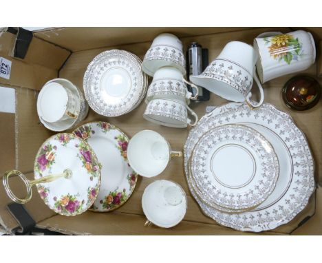 A mixed collection of item to include Royal Albert Old Country Rose patterned 2 tier cake stand, Regency branded tea ware etc
