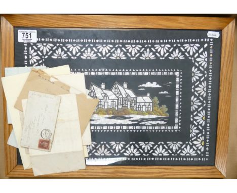 R J Keeling, framed picture decorated with foil designs and a cottage.  Measures 34cm x 48cm overall, together with printed a
