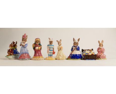Royal Doulton Boxed Bunnykins figures to include  Sleigh Ride BD4, Sundial DB213, Polly Db71, Clean Sweep DB6, Bridesmaid DB1