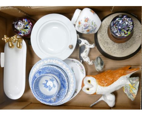 A mixed collection of items to include Shelley heated bowl, Caithness paperweights, Beswick Owl, Carlton ware novelty bath tu